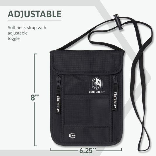 VENTURE 4TH Passport Holder Neck Wallet with RFID Blocking Nylon Lining - Hidden Neck Pouch for Travel (Pure Black)