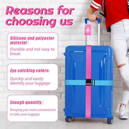 Weewooday 8 Pcs Luggage Straps Suitcase Tags Set for TSA Approved, 4 Travel Adjustable Suitcase Belt, 4 Silicone Luggage Tags with Name ID Card Travel Accessories(Pink, Light Blue,Airplane)