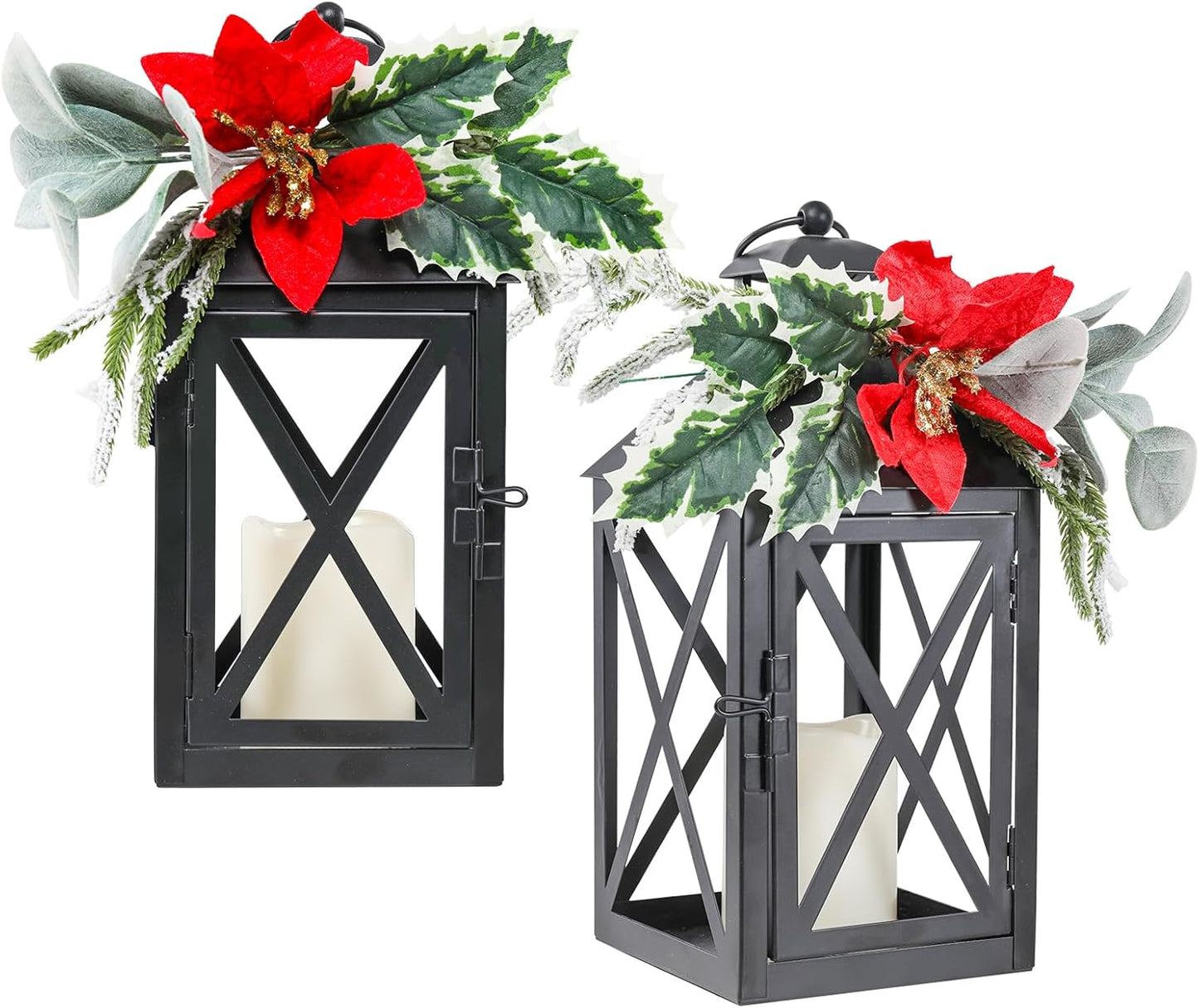 Christmas Lantern Outdoor Deror 13", 2 Pack Waterproof LED Hanging Decorative Candle Lantern with Berries Decor for Garden, Porch, Gift for Family, Friends, Women