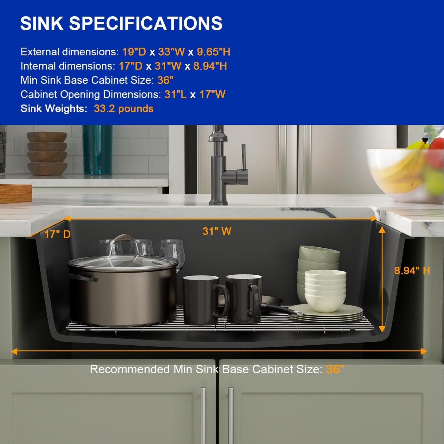 Dcolora 33 Inch Granite Composite Kitchen Sink, Black Undermount Kitchen Sinks Deep Single Bowl, 33"x19", Round Corner, DC-GU7749