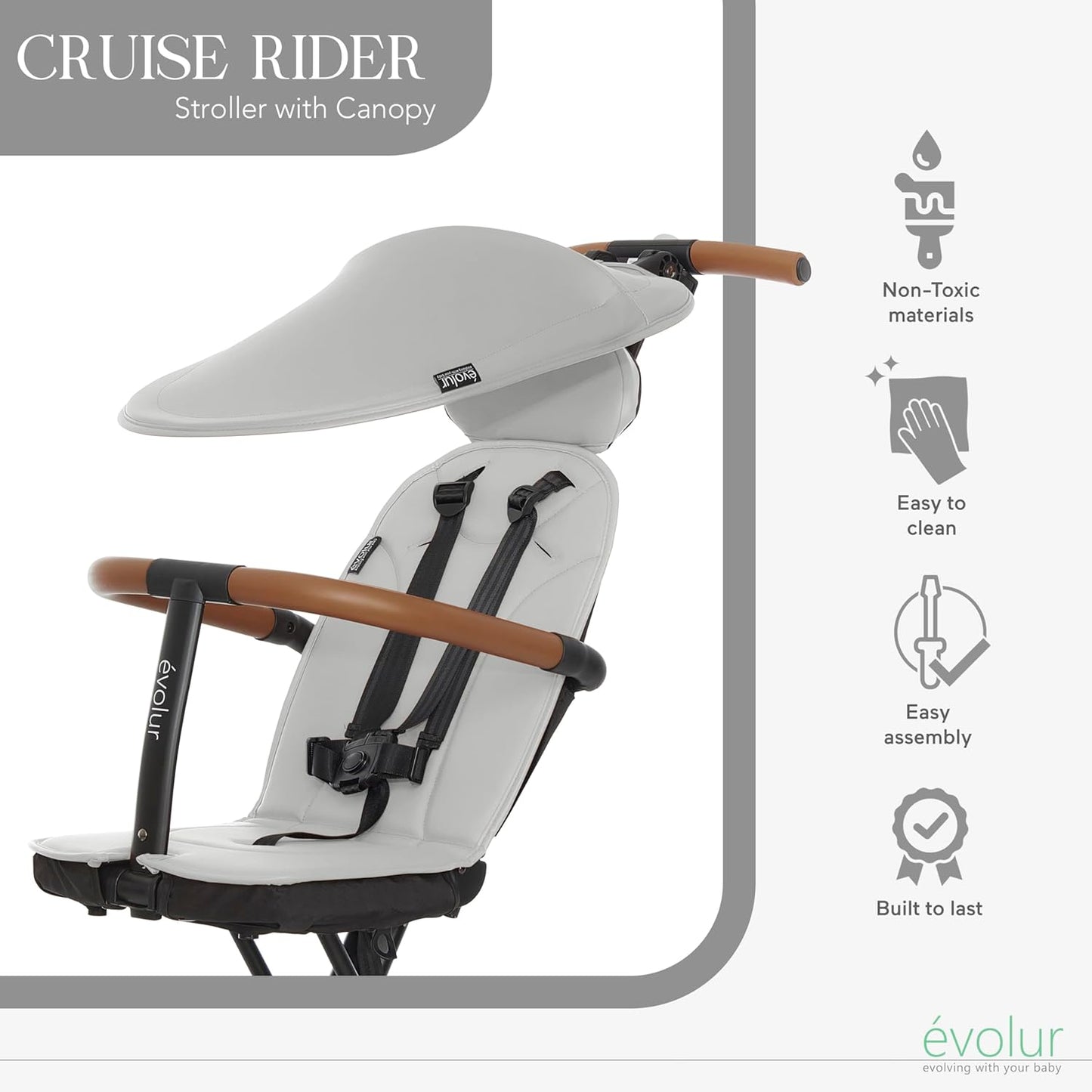 Evolur Cruise Rider Stroller with Canopy, Lightweight Umbrella Stroller with Compact Fold, Easy to Carry Travel Stroller - Koala Gray