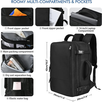 Beraliy Travel Backpack for Men Women, Carry On Backpack, 16 Inch Laptop Backpack, Waterproof School Backpack, Casual Outdoor Daypack College Bag, Black