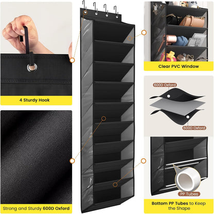 Over the Door Shoe Organizer for Closet, Shoes Rack with 10 Tier PVC Window Deep Pockets, Hanging Shoe Organizers for Boot Storage, Behind the Door Narrow Shoe Holder for Small Shoes, Black