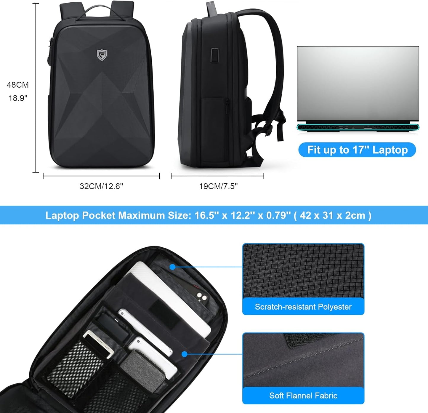 FENRUIEN 17 Inch Laptop Backpack for Men,Waterproof Anti Theft Computer Backpack with USB C Charging Port,Hardshell Gaming Laptop Bag,Black
