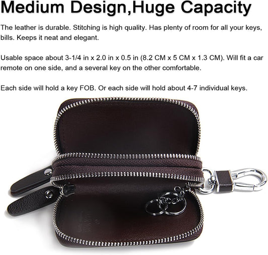 CONTACTS Car Key Case Small Leather Double Zipper Key Holder with 4 Keyrings Keys Organizer for Men Women