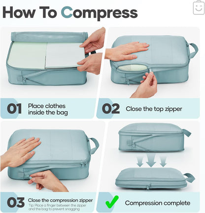 Veken 9/11 Set Compression Packing Cubes for Travel Essentials,Compressible Expandable Large Luggage Suitcase Organizer Bags for Clothing,Durable Space Saver Storage Bags with Toiletry Bags(Blue Gray)