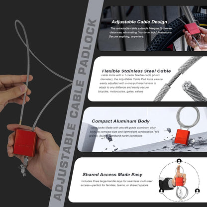 Adjustable Cable Padlock with 3 Keys | 1.15ft L x 1/6in D Aluminum Steel Cable Locks for Bikes, Gate, Lockers & Outdoor Gear | Keyed Different & Red