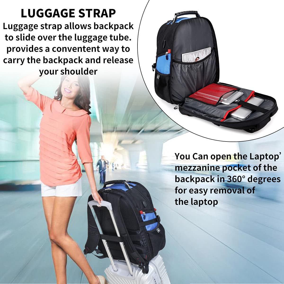 SHRRADOO Extra Large 50L Travel Laptop Backpack with USB Charging Port, College High School Backpack Airline Approved Business Work Bag Fits 17 Inch Computer for Men Women