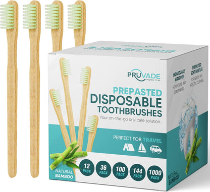 144 Pack Disposable Bamboo Toothbrushes with Toothpaste Built in - Prepasted Toothbrushes Individually Wrapped - Single Use Waterless Tooth Brush with Soft Bristles for Work, Camping, Travel