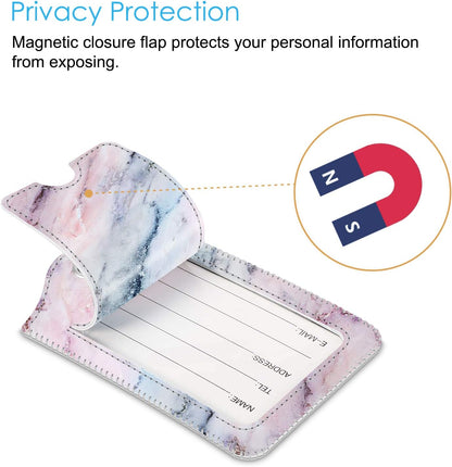 Fintie Luggage Tags, Privacy Cover ID Label with Stainless Steel Loop and Address Card for Travel Bag Suitcase - Marble Pink (2 Piece)