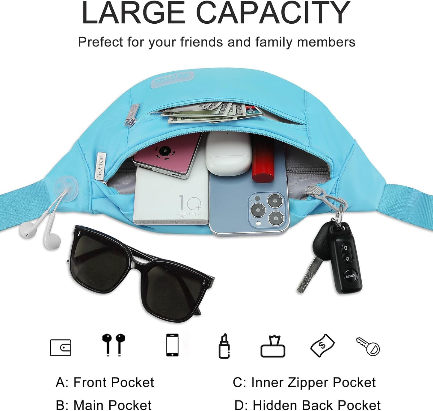 MAXTOP Large Crossbody Fanny Pack with 4-Zipper Pockets,Gifts for Enjoy Sports Festival Workout Traveling Running Casual Hands-Free Wallets Waist Pack Phone Bag Carrying All Phones