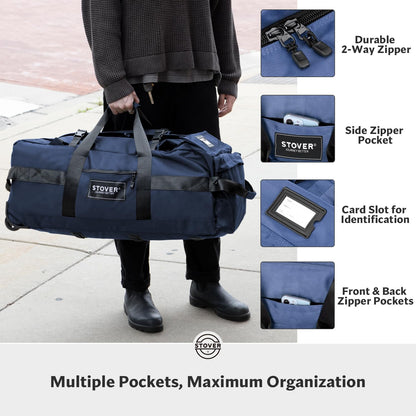 STOVER 80L Rolling Duffel Bag with Wheels, Large 31 Inch Durable Travel Duffle + Toiletry Bag, Heavy Duty, Packable, Foldable w/Shoulder Straps- Use as Luggage or Backpack, Men/Women (Blue)