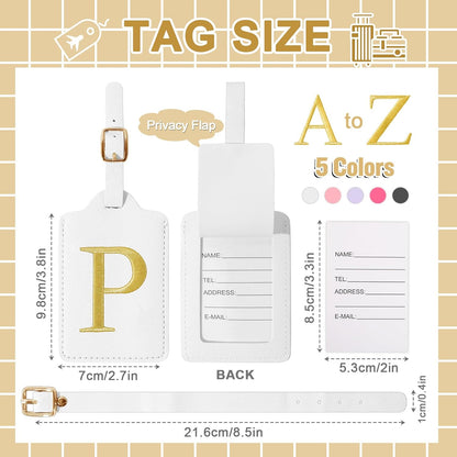 Personalized Initial Luggage Tags for Suitcase TSA Approved, White Leather Cute Luggage Tag with Privacy Cover Name Card, Embroidered Custom Luggage Tags Travel Baggage Tags Gifts for Women Kids(P)