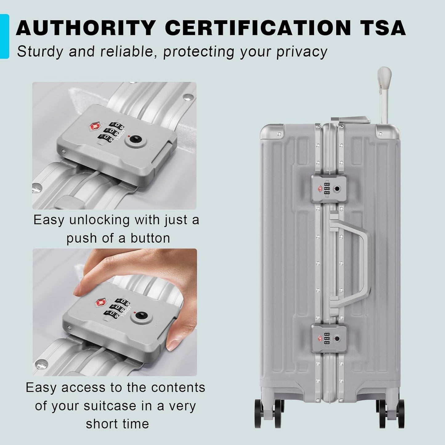 AnyZip Carry On Luggage PC+ABS Aluminum Frame Zipperless Luggage Hard Shell Suitcase with TSA Lock Double Spinner Wheels 20 Inch Silver