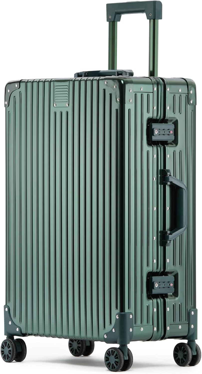 Metal All Aluminum Carry-on Luggage TSA Customs Lock Zipperless Silent Rotary Wheel Business Suitcase Aluminum Frame Set (dark green, 20 '')