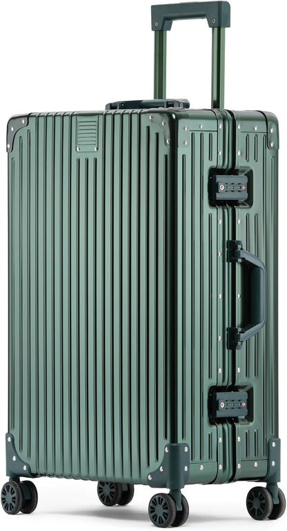 Metal All Aluminum Carry-on Luggage TSA Customs Lock Zipperless Silent Rotary Wheel Business Suitcase Aluminum Frame Set (dark green, 20 '')