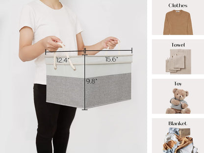 LoforHoney Home Fabric Storage Bins with Lids for Organizing, Foldable Closet Storage Boxes for Shelves, Clothes Baskets with Cotton Rope Handles, XLarge, Beige & Gray, 2-Pack