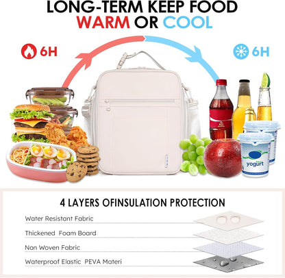 NOL Nylon Waterproof Kids Lunch Bag, Insulated Lunch Bag, Lunch box Cooler, Reusable, Zip Closure with Buckle Handle Holds Lunch Box, Snacks & Water Bottle for School Work, Cream