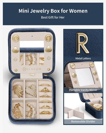 Vlando Travel Jewelry Box for Girls Women, Initial Jewelry Organizer Box - Travel Must Haves Case for Girls, Gifts for Sister Daughters - Letter R, Dark Blue