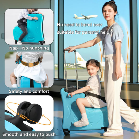 Kids Ride-On Suitcase, Hardside Rolling Luggage with 4 Spinner Wheels, Seat & Safety Belt, Toddler Carry-On for Boys & Girls Ages 2-6, Blue