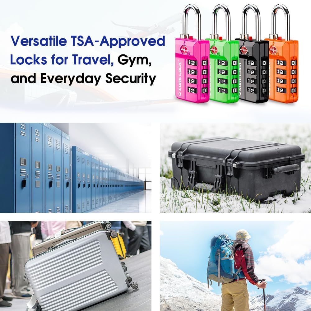 SURE LOCK TSA Approved 4-Digit Resettable Combination Luggage Locks with Open Alert, Easy-Read Dials - for Luggage, School Lockers, Gym, Office, Toolbox & Security Cases(4 Assorted Colors)