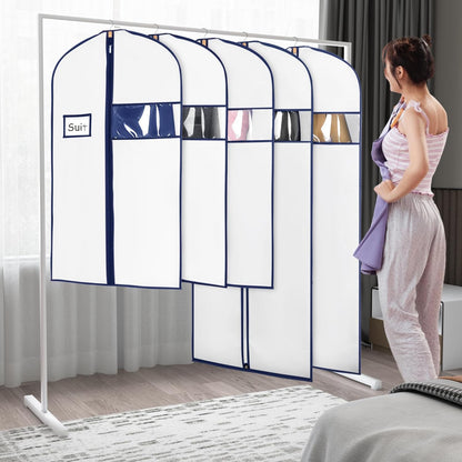 Syeeiex 60'' Garment Bags for Hanging Clothes, Set of 8 Dress Bags for Gowns, Dress Garment Bags for Gowns,Evening Dresses,Fur Coat,Long Dress(White & Dark Blue)
