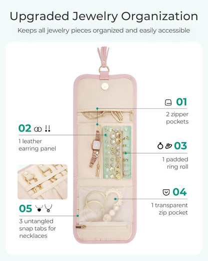 BAGSMART Travel Jewelry Case Organizer, Roll Foldable Jewelry Case for Journey-Rings, Necklaces, Earrings, Bracelets, Brooches, Min, Beige