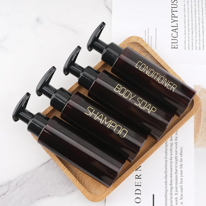 Travel Bottles Plastic Pump Bottle Dispenser TSA Approved 3.4oz/100ml 4 Pack Travel Refillable Shampoo and Conditioner Bottles Empty Travel Size Bottles for Cosmetic, Lotion, Liquid Soap (Brown)