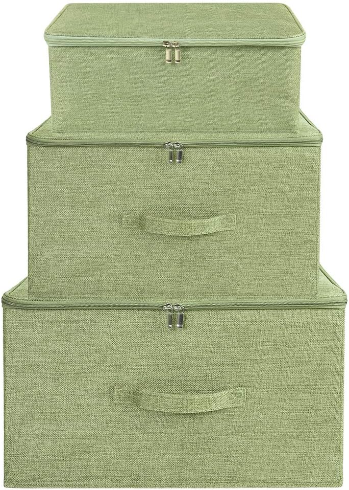 ANMINY 2PCS Storage Bins with Zipper Lids 51.9 Qt Lidded Fabric Storage Boxes Baskets Cubes with Handles Collapsible Washable Cotton Linen Closet Shelf Clothes Organizer - Green, Extra Large