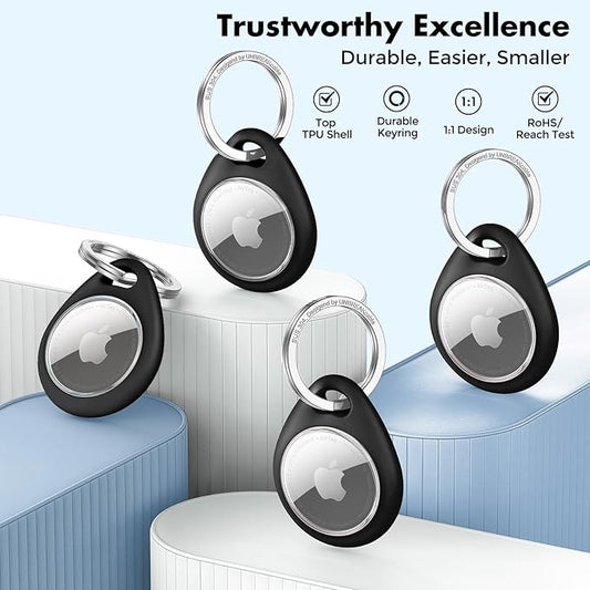 UNBREAKcable Holder for Apple AirTag 4 Pack [Hold Air Tag Securely] [Easy to Install] [Fit Tightly Design] Protective Case Waterproof TPU Shell with 304 Stainless Steel Key Ring Keychain, Black