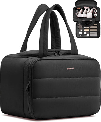 HOTOR Travel Toiletry Bag - Wide-Open Toiletry Bag for Women, Multi-Pocket Makeup Bag for Travel Essentials, Wet & Dry Separation Travel Accessories for Trip, Gym, 12.6" x 6.3" x 8.9", Black