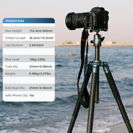 Fotopro Carbon Fiber Tripod 60 Inch 360 Degree Ball Head Quick Release Plate Lightweight Camera Tripod for Travel Tripod Folded Height Only 14.2",Max Loads up to 22lbs,Blue