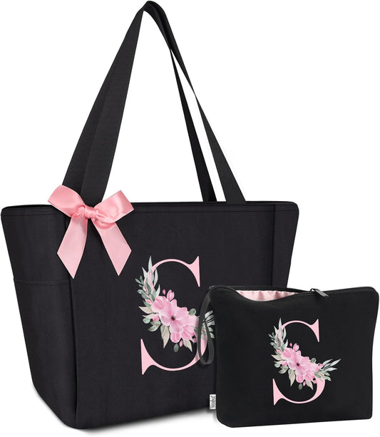 Vavabox Tote Bag, A-Z Initial Monogrammed Waterproof Tote Bag, Bridesmaid Gifts for Women, Black and Pink