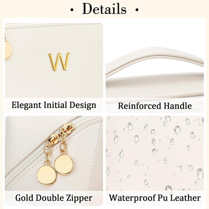 Birthday Gifts for Women Teen Girl, Personalized Initial Makeup Organizer Bag Set, Open Flat Travel Cosmetic Bag With Clear Divider and Handle(Beige,W)
