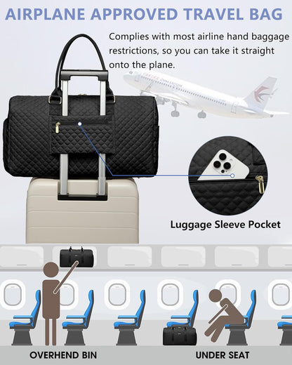 Women Weekender Travel Duffle Bag: Travel Duffel Overnight Bags with Shoe Compartment Large Carry on Tote with Toiletry Bag Weekend Traveling Yoga Gym Hospital Bag for Women with Wet Pocket Black