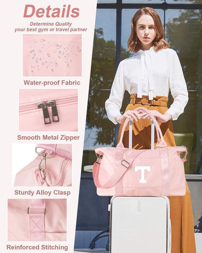 Initial Travel Duffel Bag Sports Gym Bag for Girls Teen Birthday Gifts,Pink Personalized Weekender Bag Carry On Tote Bags for Women Men,Waterproof Overnight Luggage Bag with Trolley Sleeve(Letter T)