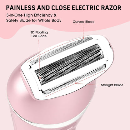 Electric Shavers for Women, 7 in 1 Hair Removal Kit with Epilator Bikini Trimmer Face Razor Body Brush Face Massager Foot Callus Remover, IPX7 Waterproof Lady Razors Set for Legs Armpit Bikini Pubic