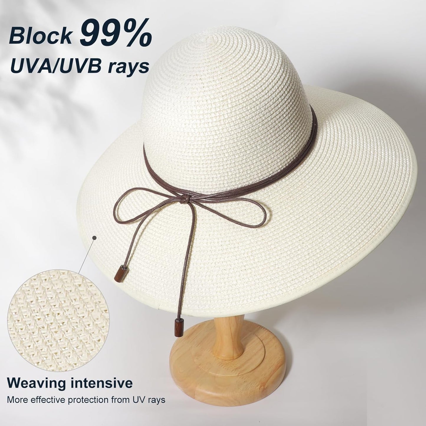 DRESHOW Beach Hats for Women Big Straw Wide Brim Summer Hat Floppy Foldable Roll up Cap Sun Hat UPF 50+