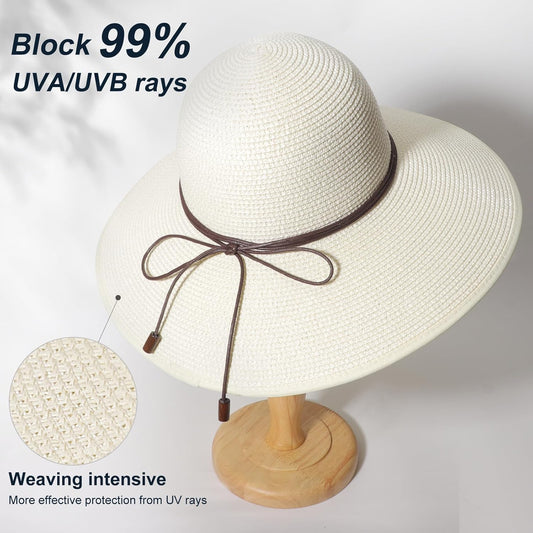 DRESHOW Beach Hats for Women Big Straw Wide Brim Summer Hat Floppy Foldable Roll up Cap Sun Hat UPF 50+