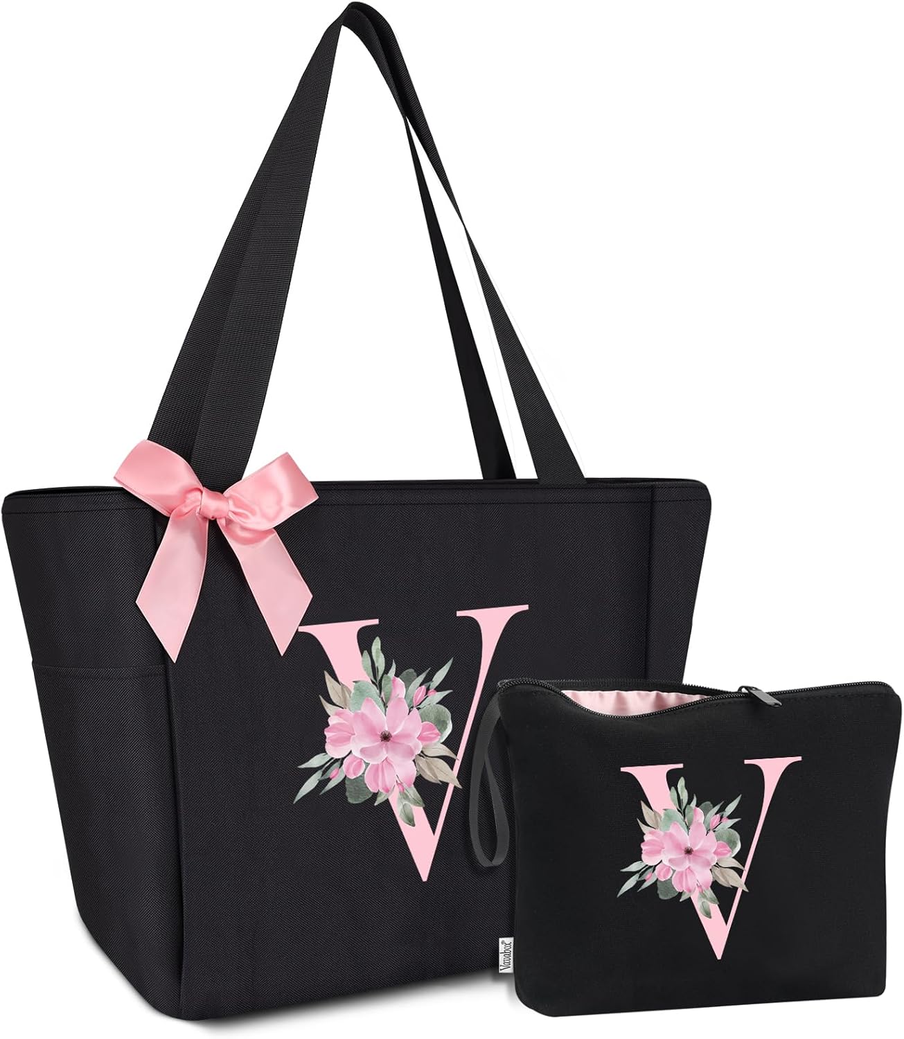 Vavabox Tote Bag, A-Z Initial Monogrammed Waterproof Tote Bag, Bridesmaid Gifts for Women, Black and Pink