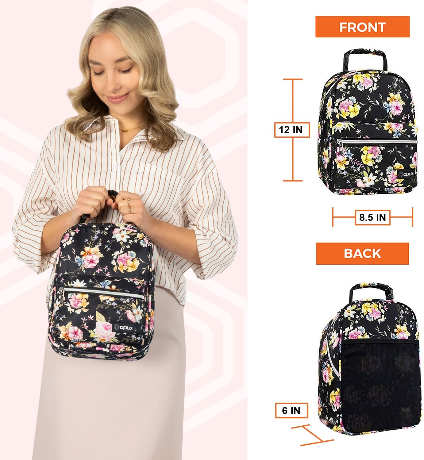 opux Lunch Box for Girls Boys Kids, Insulated Leakproof Lunch Bag, Reusable Teen Lunch Boxes for School, Medium Large lunchbox for Women Men Adult for Work with Front Back Pocket (Floral Black)