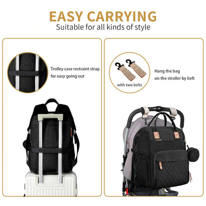 Diaper Bag Backpack with Changing Station Portable 3 in 1 Multifunction Backpack Travel mommy bag Stroller Black