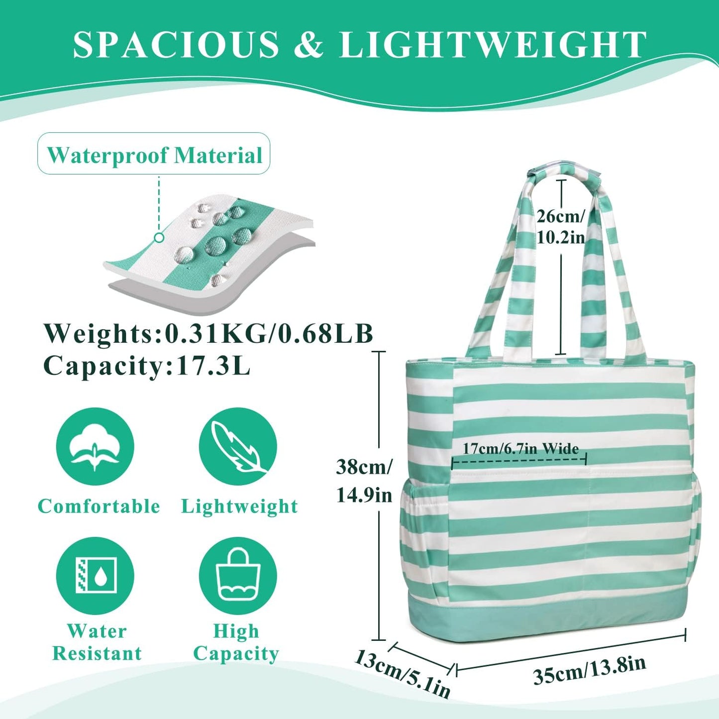VASCHY Beach Bag for Women, Large Waterproof Sandproof Fold-able Packable Pool Tote Bag w Zipper/Pockets