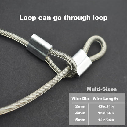 5 Pcs 5mm Wire 24 inch Vinyl Coated Stainless Steel Cable with Loops Short Wire Rope Lanyard Lock Security Chain Link for Outdoor Gates, Clear(5mm x 24inch)