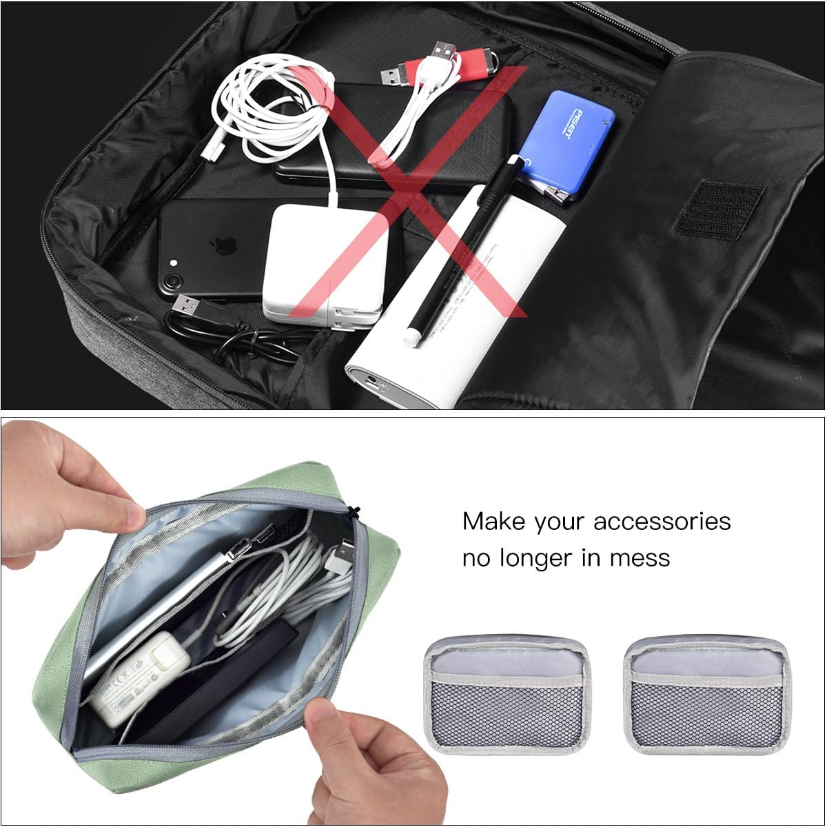 imComor Universal Electronics Accessories Case Bag, 2-Pack Portable Soft Carrying Case Bag Pouch Wire Cable Organizer for Hard Drive, Power Adapter, Laptop Mouse, Cosmetics Kit, Small+Big-Mint Green