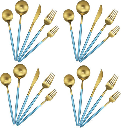 Gugrida 20-Piece 18/10 Stainless Steel Flatware Silverware, Luxury Dinnerware Set Travel Cutlery Tableware Include Knife Fork Spoon Service for 4, Dishwasher Safe (Blue Handle Matte Gold)