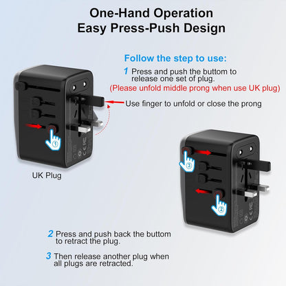 Universal Travel Adapter, PD 35W 7 in 1 International Power Plug Adapter with 7.0A 4 USB-C and 2 USB-A Fast Wall Charger, Worldwide AC Outlet for US Europe UK AUS (Black+Silver)