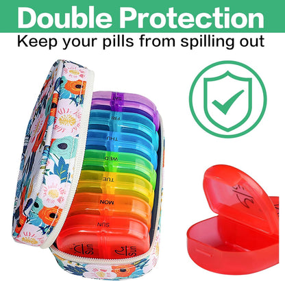 Serfeymi Weekly Travel Pill Organizer 2 Times A Day AM PM Upgraded Rainbow Pill Box 7 Day with Portable Zipper Canvas Pill Case, Medicine Organizer for Pills, Vitamins, Fish Oils - Bloom 01