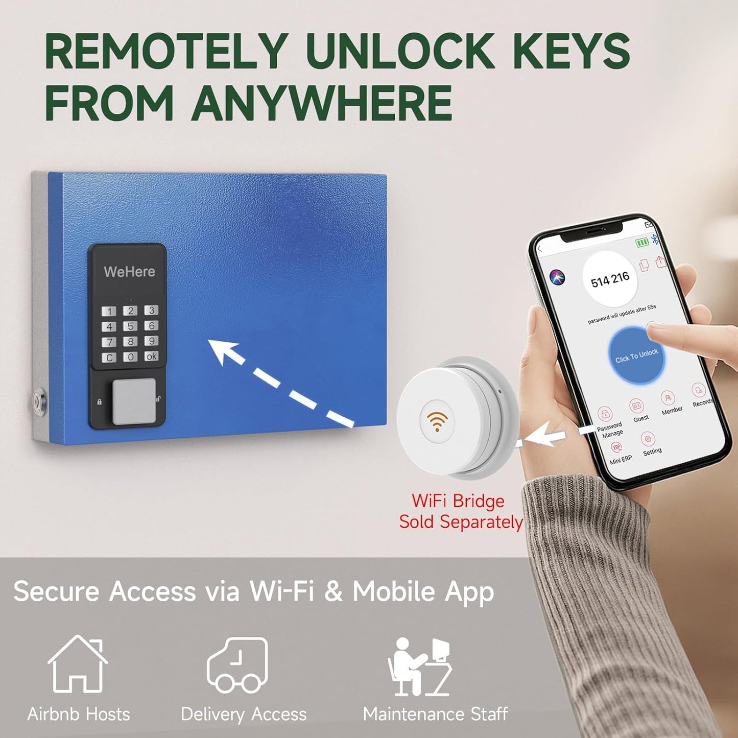 WeHere 16 Key Lock Box Wall Mount, APP Bluetooth/One Time Password Share/Wi-Fi Remote/Fixed Code/Key Unlock, Smart Key Cabinet, Key Organizer Box for Apartment, Hotel, Office, House Key Manage