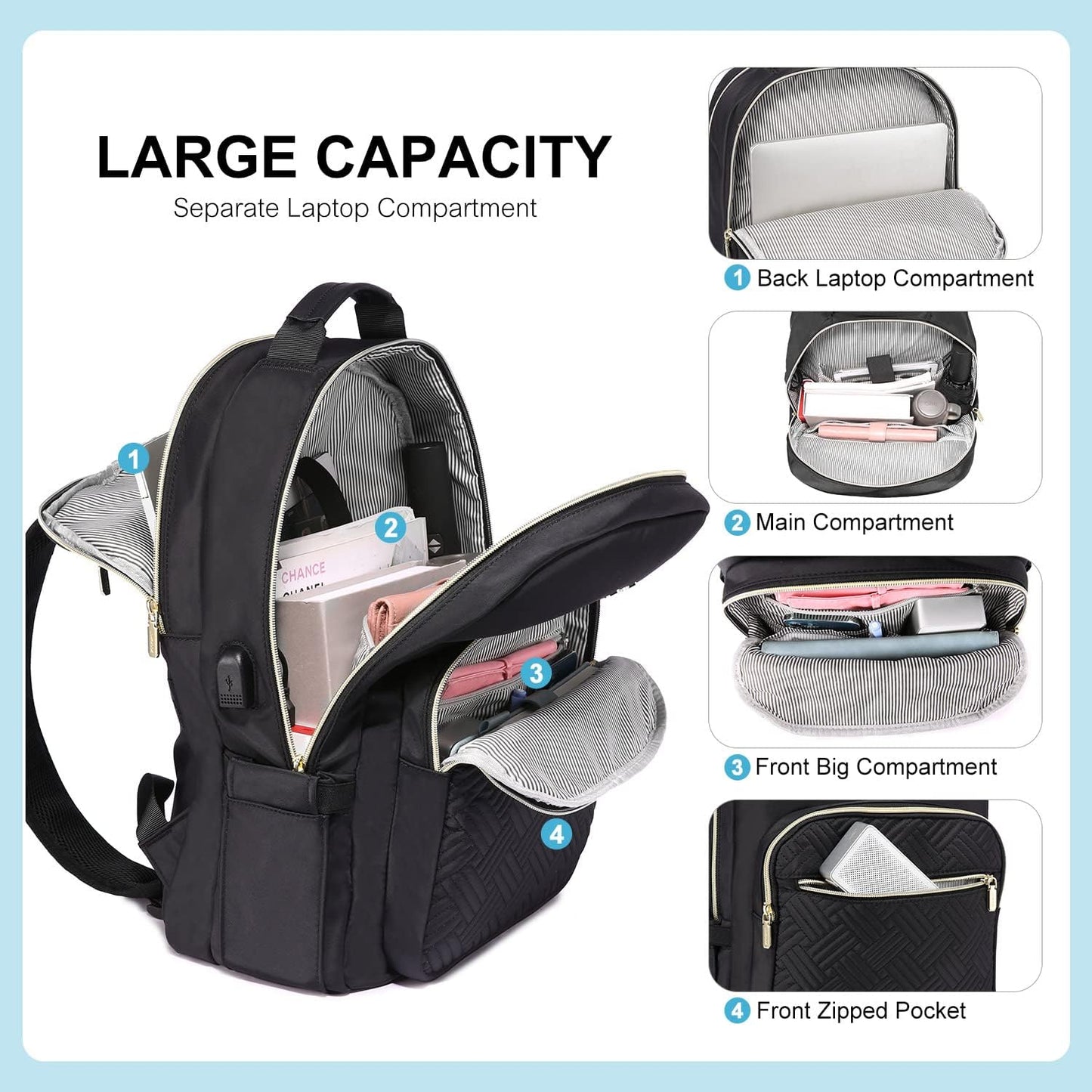 LOVEVOOK Laptop Backpack for Women, Stylish Quilted Backpacks Purse for Business Work Travel, Computer Bags Bag, with USB Port fits 15.6-inch Laptop, Black
